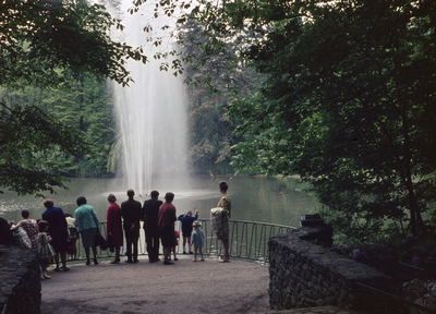 849816 Afbeelding van een groep personen bij de vijver met fontein in het Julianapark te Utrecht.